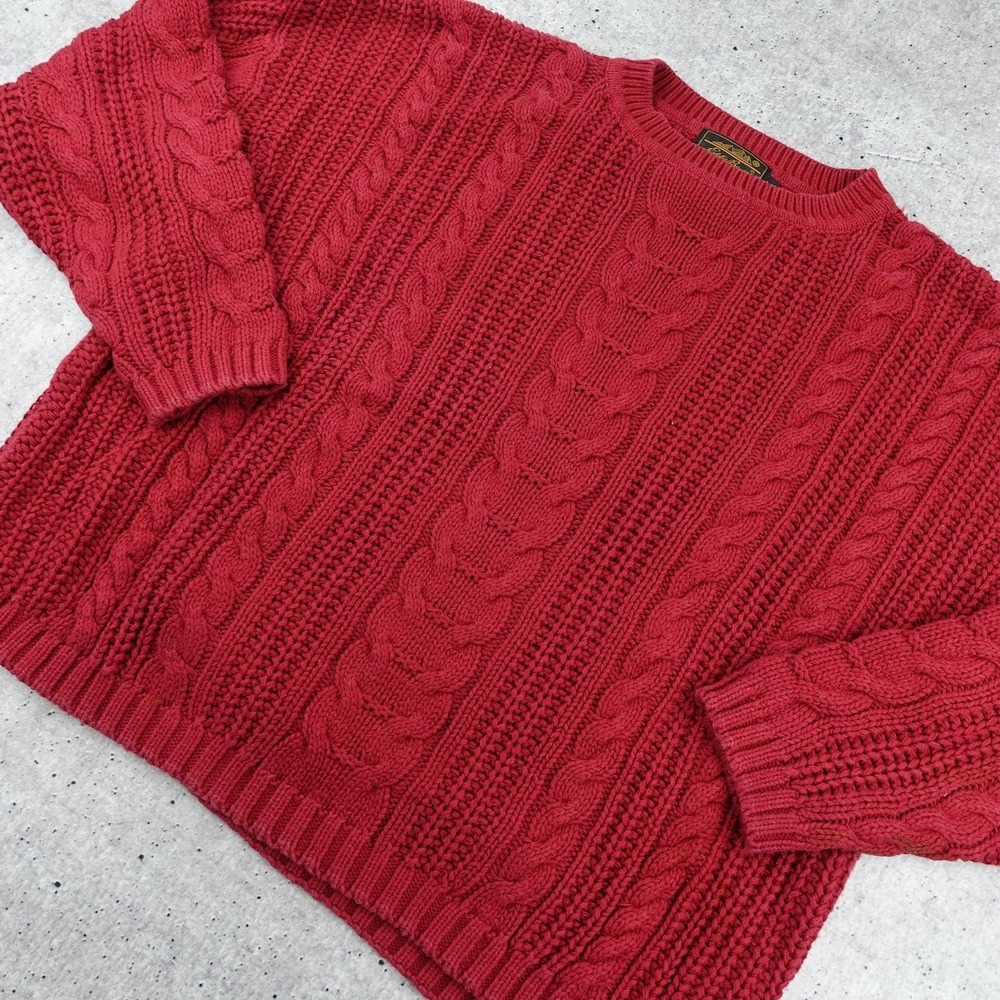 Eddie Bauer Vintage Red Cable Knit Cotton Sweater Mens Large Chunky Cropped